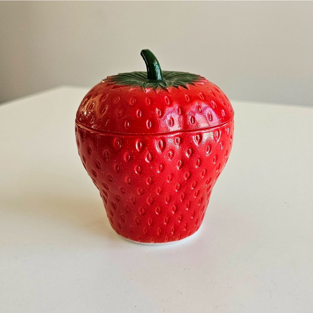 Vintage Strawberry Jar w Stem Lid Painted Milk Glass 4" Kitchen Canister Decor